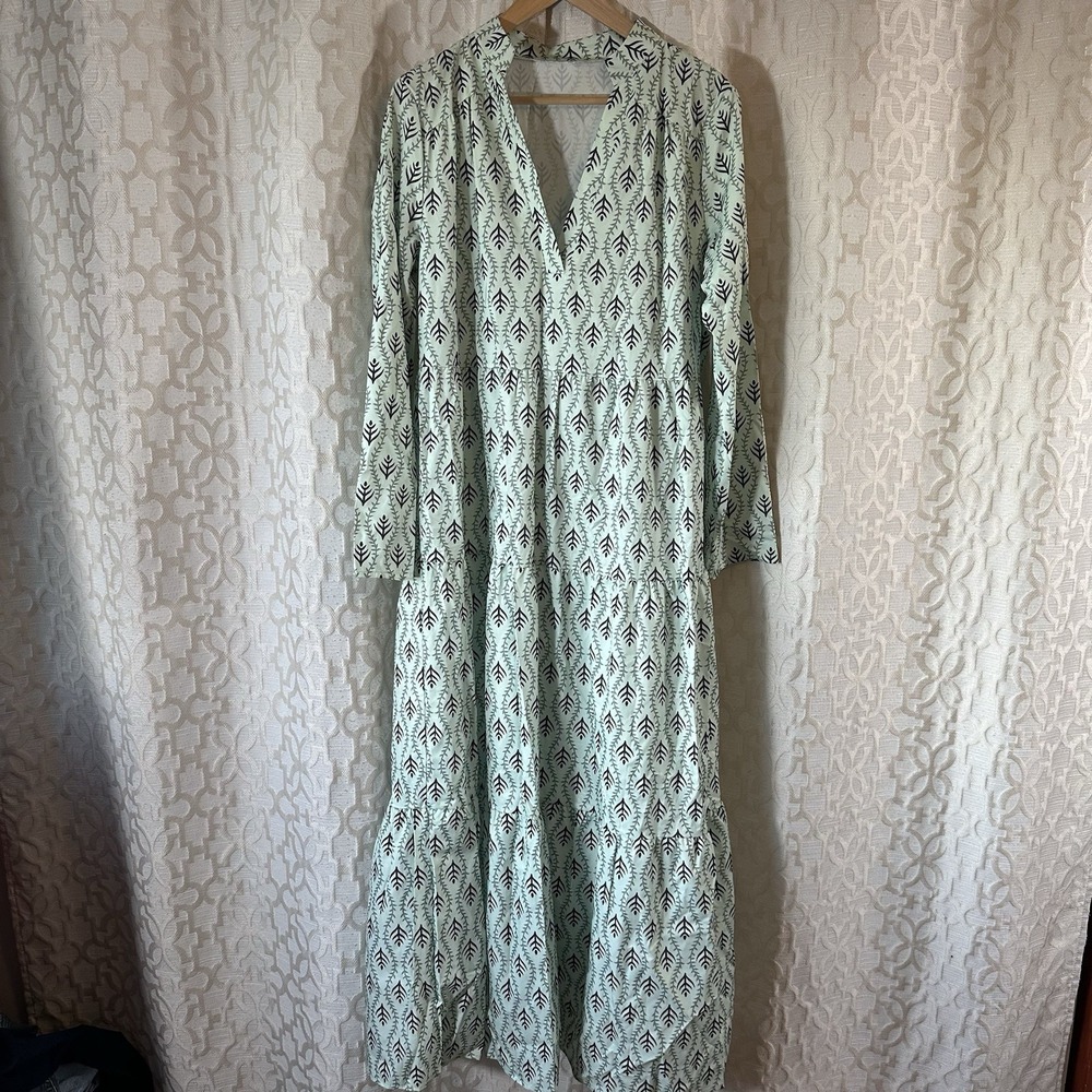 Women's Long Sleeve Maxi Dress Green Print, Loose Fit,  Boho, Size X-Large